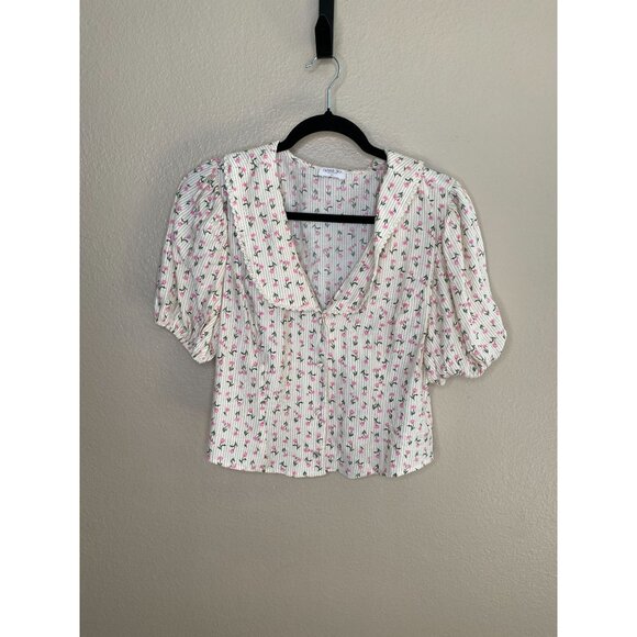 Sienna Sky Tan Floral Puff Sleeve Cropped Blouse XL Roses Striped Lightweight - Picture 1 of 7